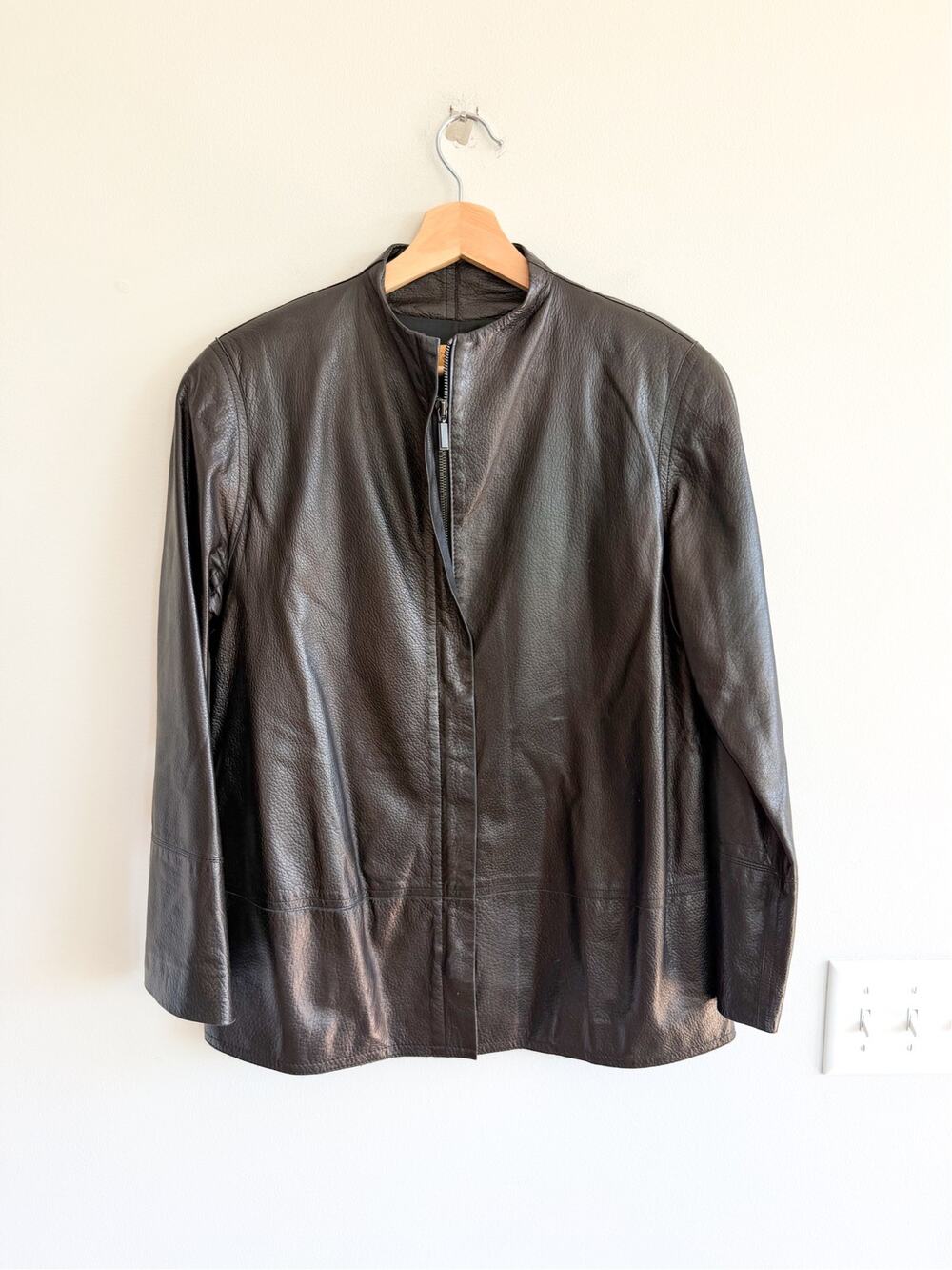 Vintage Donna Karan Signature Deerskin Leather Collarless Zip Up Jacket Black 8